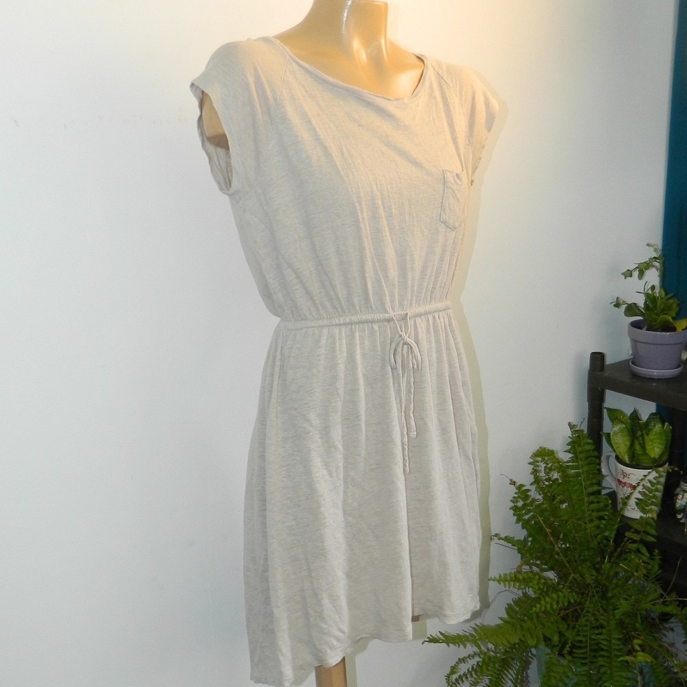Cynthia Rowley Linen T-Shirt Dress Women Sm Oatmeal Drawstring High-Low Pocket